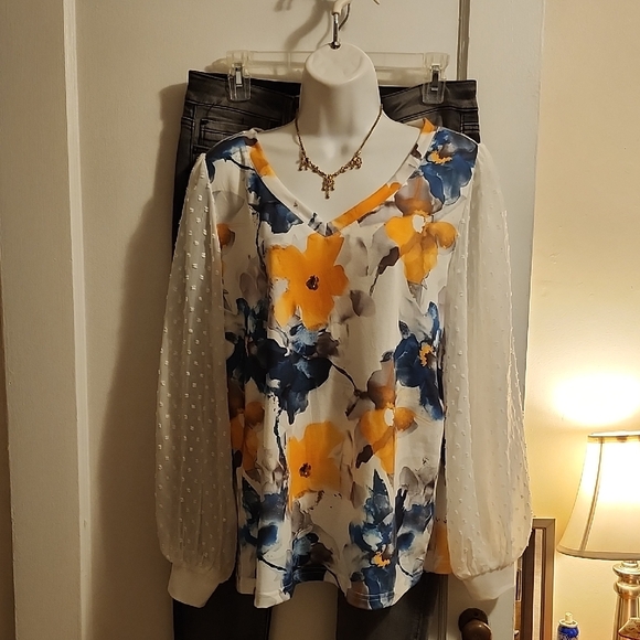 NWT Zeagoo brand Womens Floral V-Neck Blouse with Sheer Sleeves - Picture 1 of 5